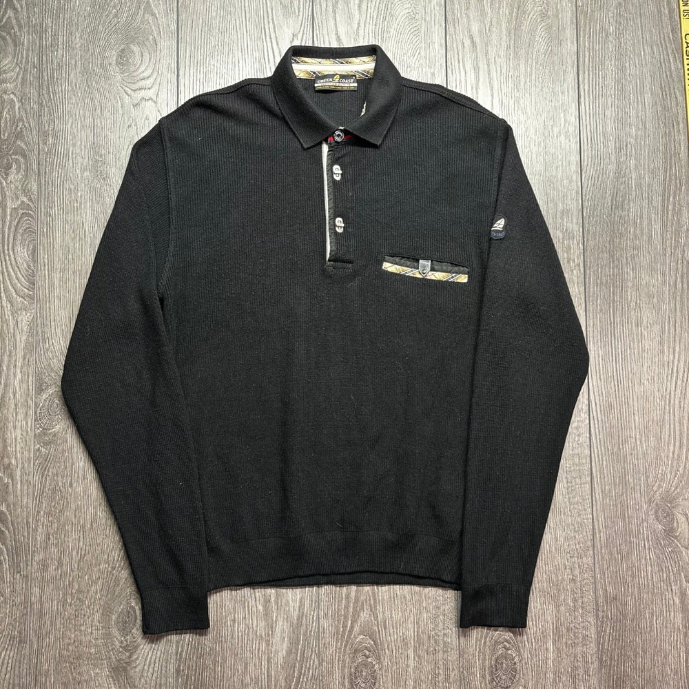 Green Coast Yachting Outfits Mens Black Long Sleeve Ribbed Polo Sweater Italy 50